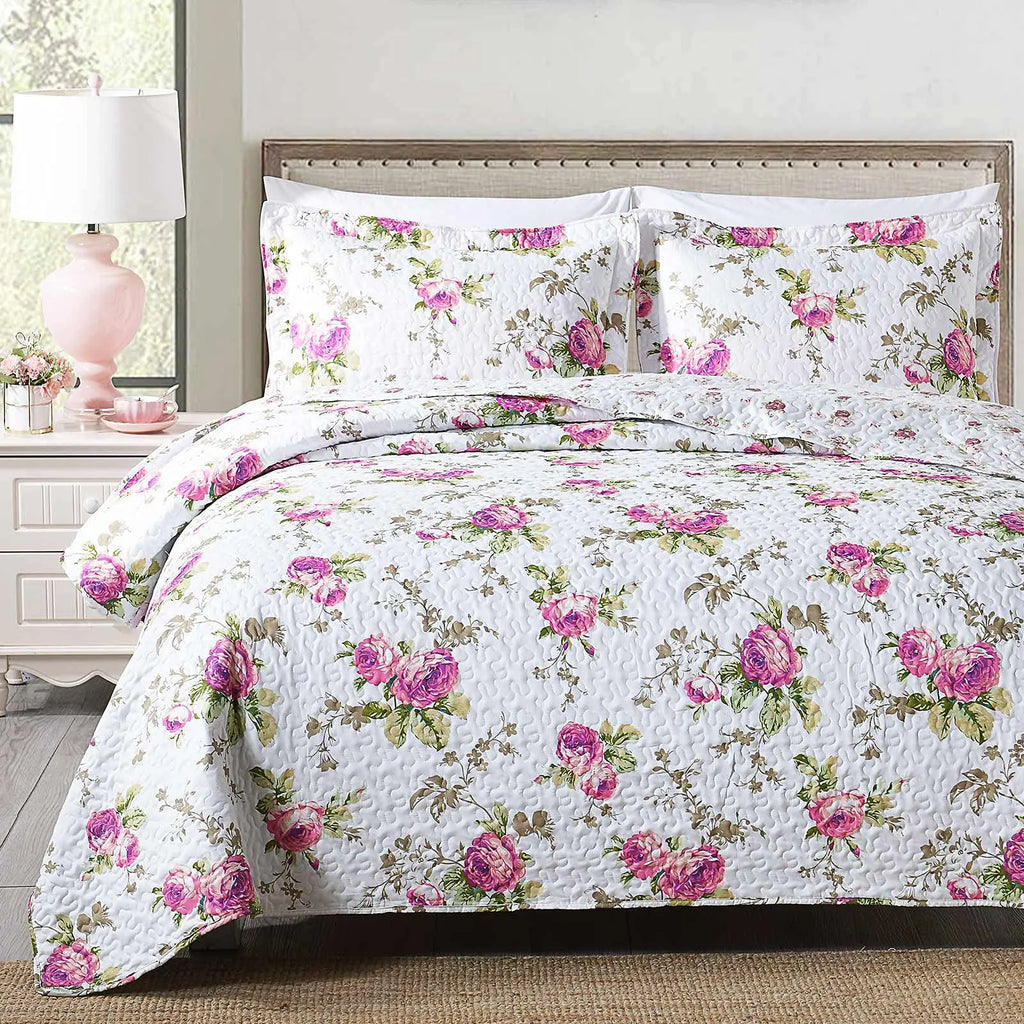 Texstead 3 Pieces Patchwork Gray All Season Bedspreads, Ultra Soft Floral Coverlet Bedding Set with Printed Pattern