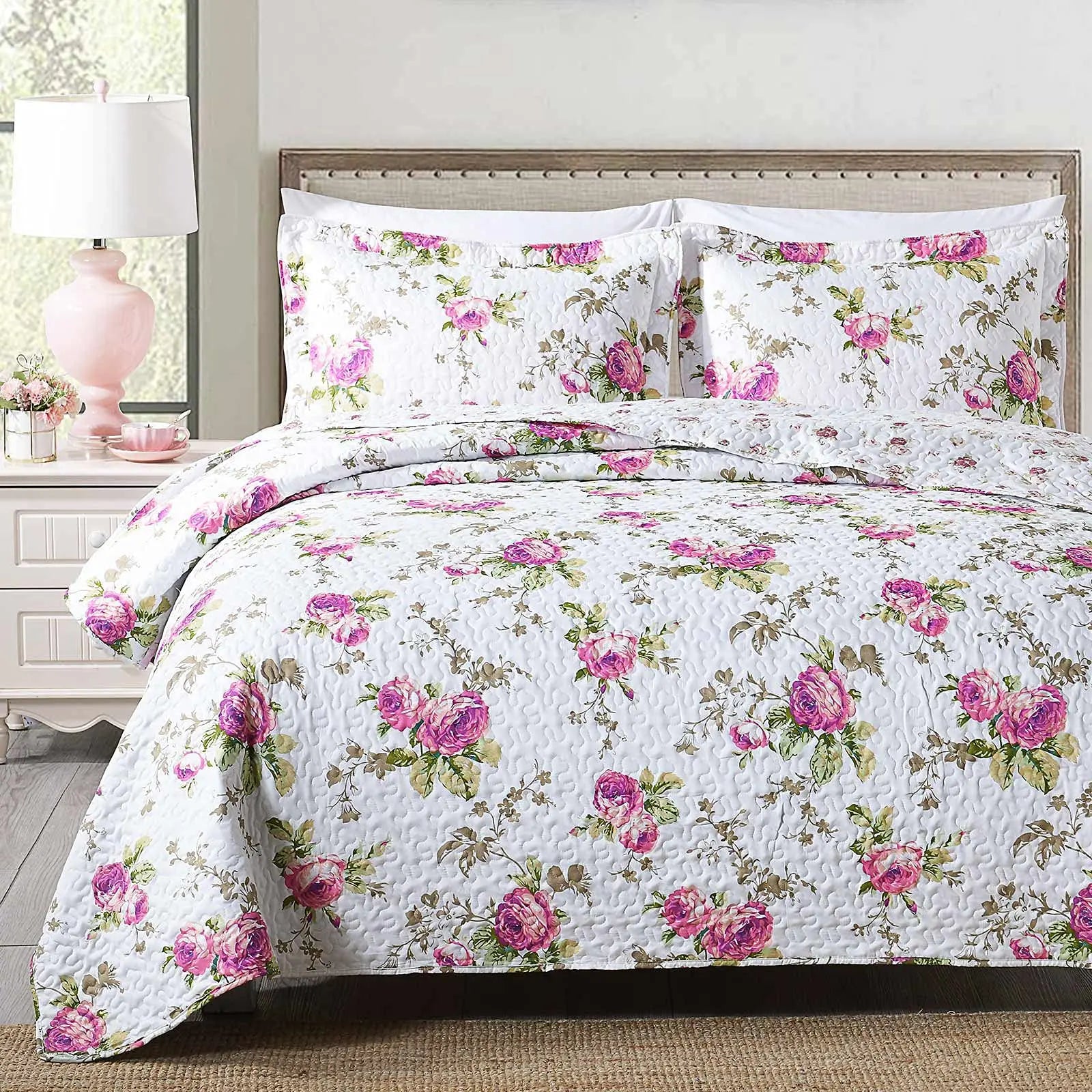 Texstead 3 Pieces Patchwork Gray All Season Bedspreads, Ultra Soft Floral Coverlet Bedding Set with Printed Pattern