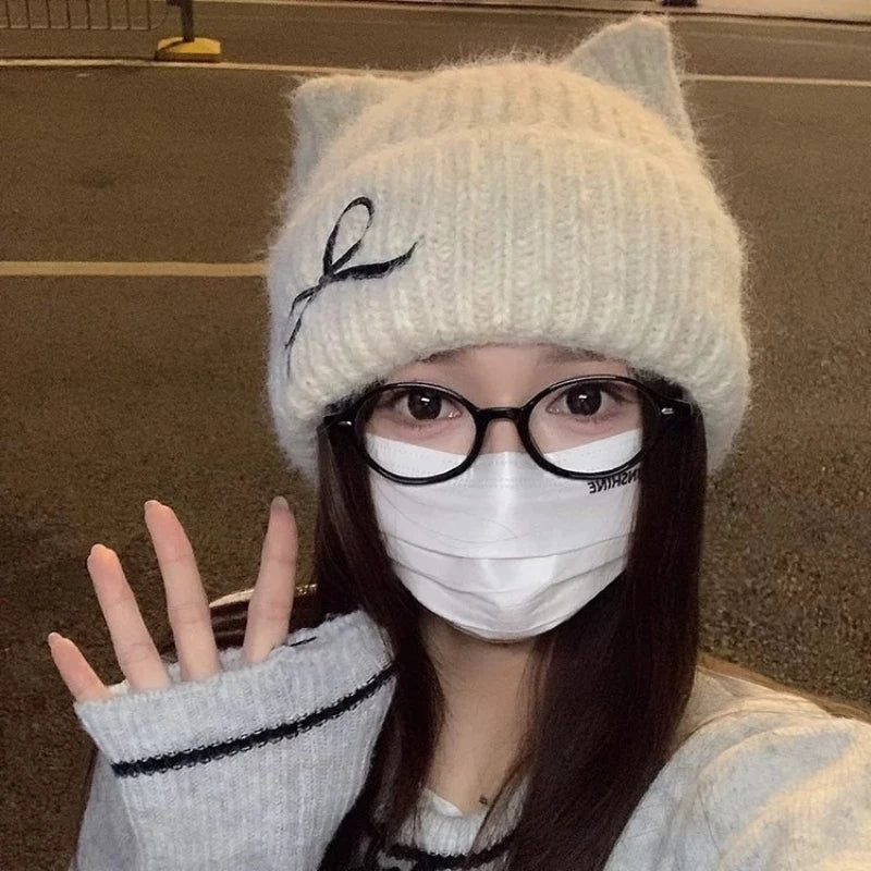 Girls' Hats  Cute Cat Ears  Autumn  and  Winter  New Knitted Hats  Winter Warm Bows Small  Hats Cold-proof Warm Hats