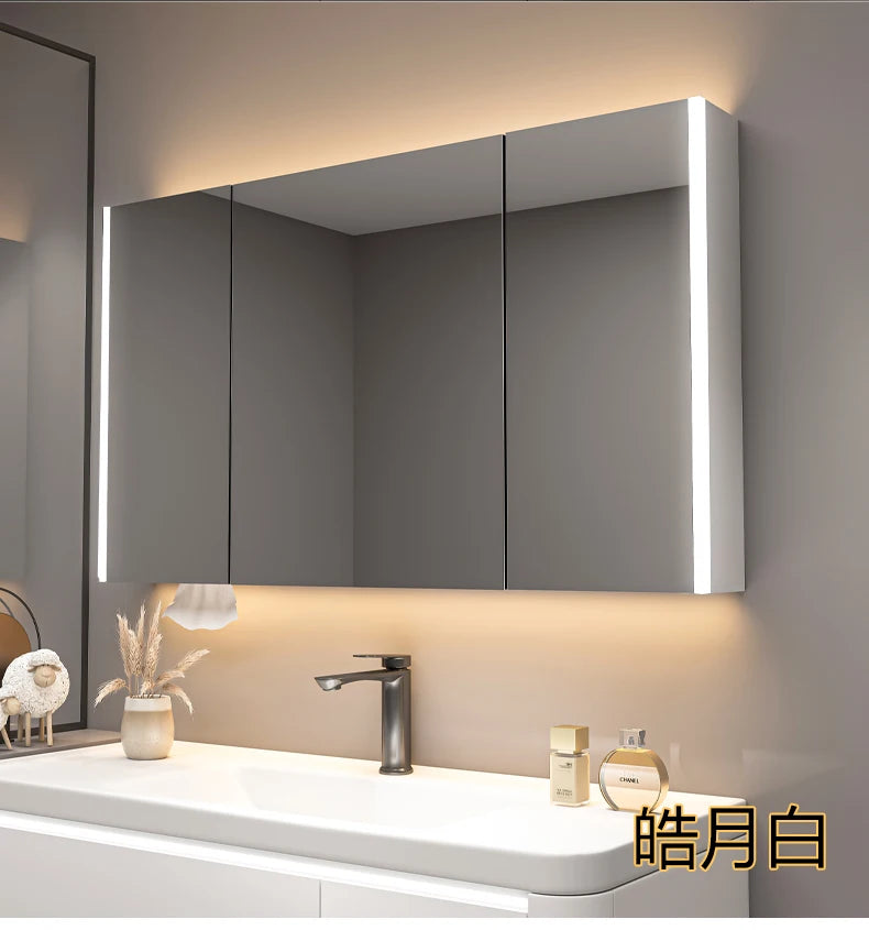 Bathroom Furniture Mirror Cabinet Modern Solid Wood Bathroom Smart with Light Defogging Beauty Mirror with Storage Locker