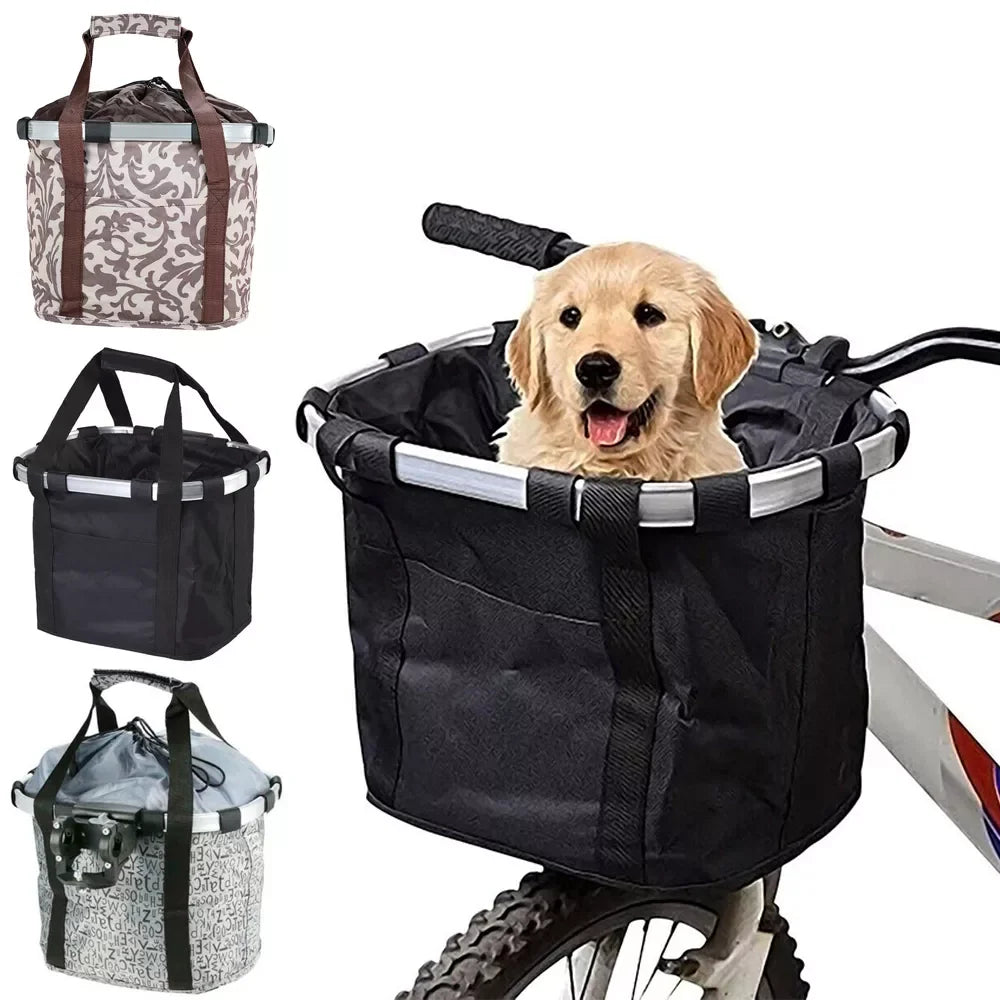 Bicycle Front Basket for Small Pet Dog Carrying Pouch 2 in 1 Handlebar Tube Hanging Basket Detachable Fold Baggage Bag 5kg Load