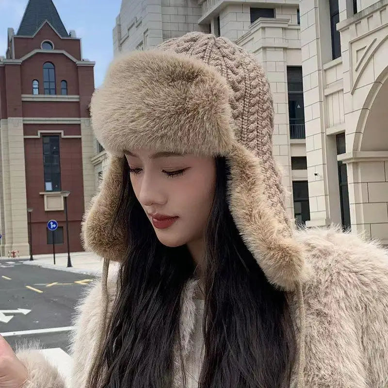 Knitted Bomber Hats for Men Women Warm Russian Ushanka Fur Hat plus Velvet liner Winter Hat Ear Protection Ski Russian Cap