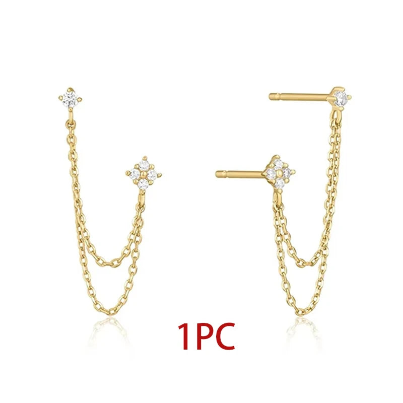 New Arrival Double Ear Studs Tassel Chains Hanging Earrings for Women Ear Piercing 3 Metal Color Luxury CZ Hot Jewelry
