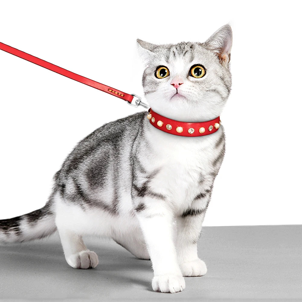 Genuine Leather Small Medium Dog Cat Collar Adjustable Rhinestone Diamond Accessories Pet Puppy Collars Leash Set For Chihuahua