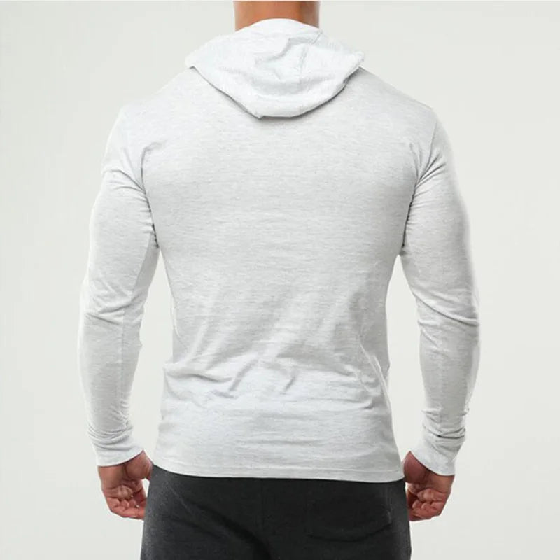 Mens Long Sleeves Elasticity Cotton Hooded T Shirts Muscle Man Gym Fitness Bodybuilding Jogger Brand Clothing Tee Shirt Homme