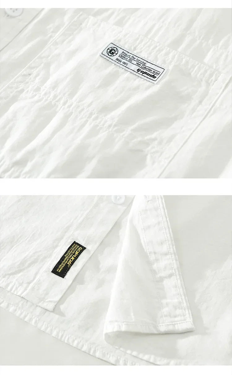 Japanese Fresh Mens Long Sleeve Shirts Spring Summer Daily Casual Man Shirts Lapel Pocket Yellow Shirt Pure Cotton Top Simple