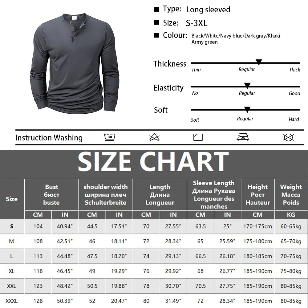 Mens Long Sleeve Henley Neck T-shirt Slim Fit Bottoming Tshirt Casual Button Shirt Comfortable Fitness Tee Cozy Top