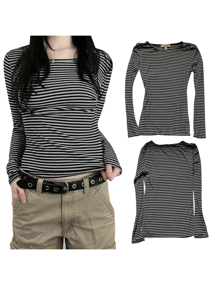 Long Sleeve Shirts for Women Fashion Casual Basic Crew Neck Striped Slim Fit T-shirt Going Out Blouses Y2K Vintage Tight Shirts