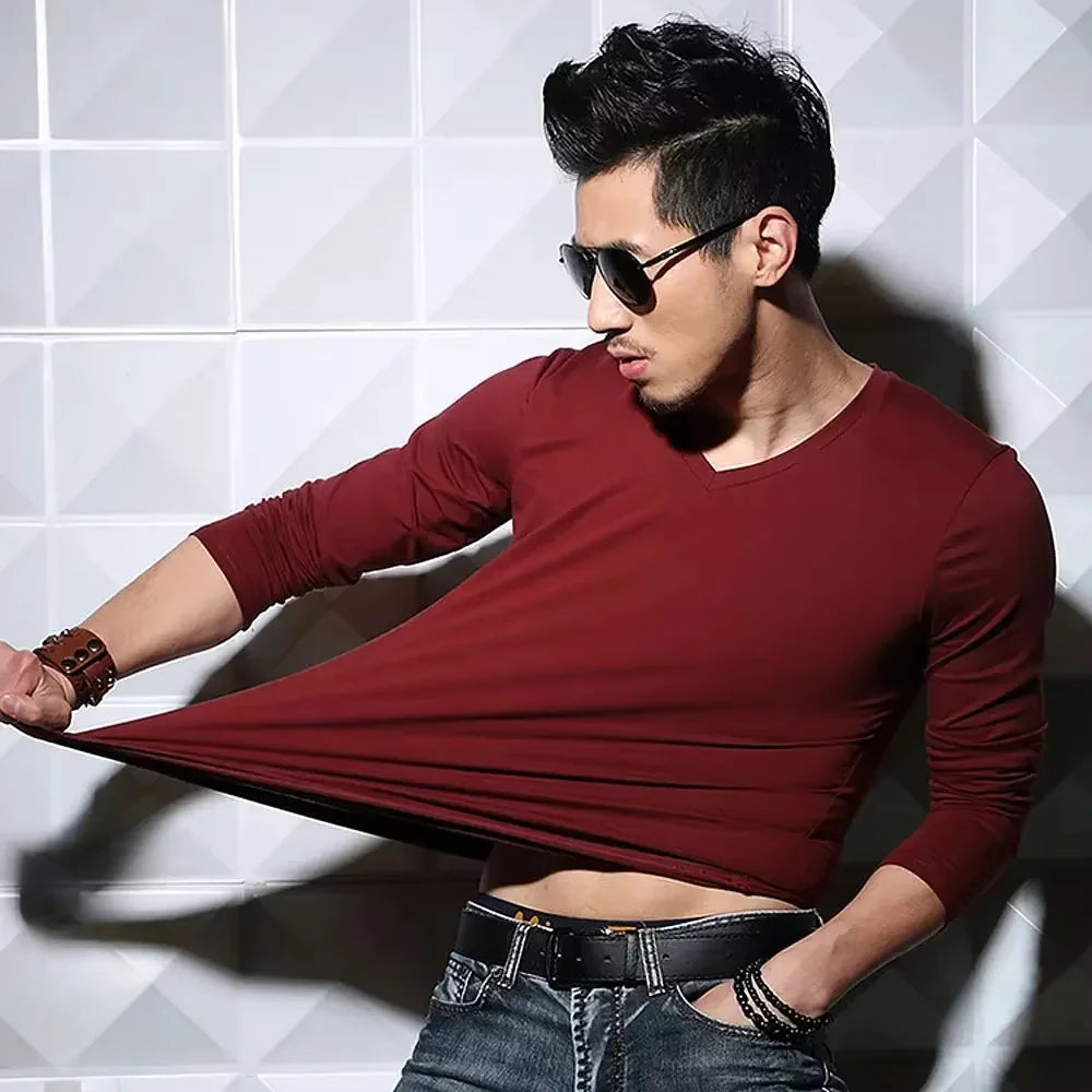 Men's T-Shirts Long Sleeve V Neck T Shirt 2025 MRMT Men Polyester T-Shirt Solid Color Slim Tight Man T Shirt For Male