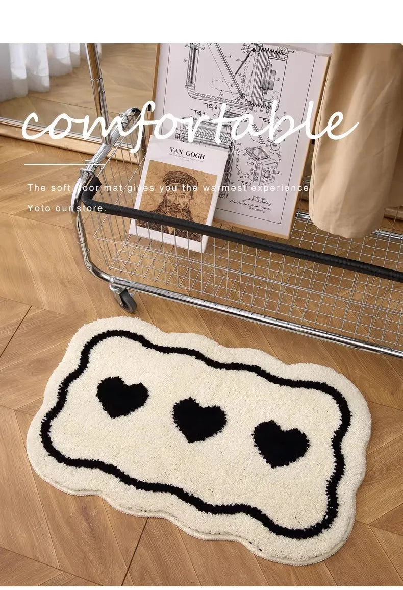 Bathroom Modern Rugs Non-Slip Black with White Mats Funny Heart Design Washable Bath Rugs Microfiber 욕실 소품 세트  גומי למקלחת רצפה