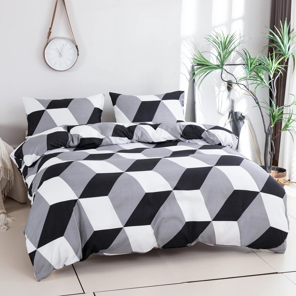 2 Pillowcases + 1 Duvet Cover, Polyester Geometric Print Black and White Diamond-Shaped Bedspread 3-Piece Set, Ultra-Soft and Comfortable Polyester Breathable Bedding Duvet Set, Suitable for Bedrooms and Guesthouses (Bedsprea