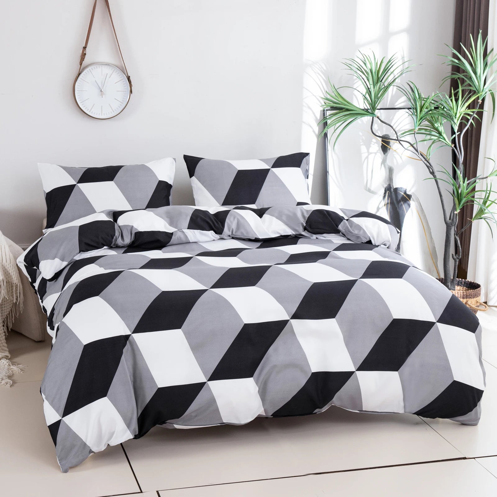 2 Pillowcases + 1 Duvet Cover, Polyester Geometric Print Black and White Diamond-Shaped Bedspread 3-Piece Set, Ultra-Soft and Comfortable Polyester Breathable Bedding Duvet Set, Suitable for Bedrooms and Guesthouses (Bedsprea