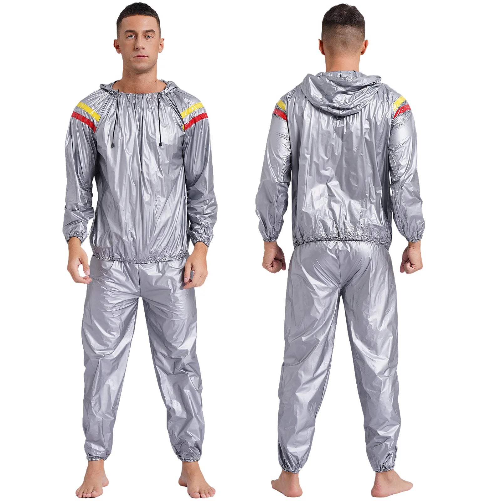 Mens Sports Outfits Sauna Sweat Sets Long Sleeve Hooded Jacket Outerwear and Long Pants PVC Sweating Suit for Gym Workout Yoga