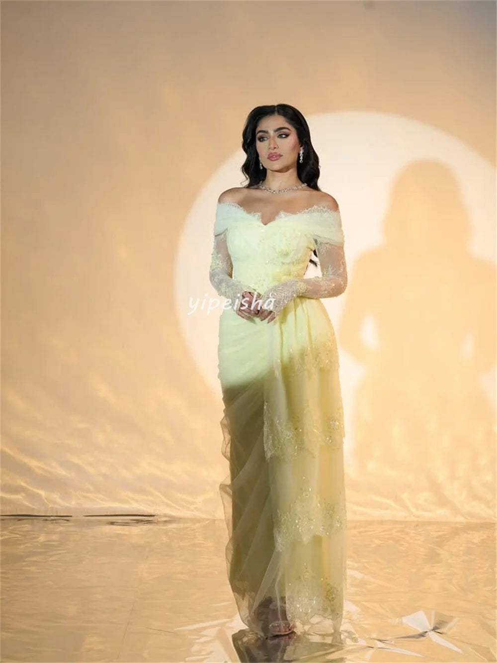 Customized Modern Style Intricate Lace Sequined Pleat Straight Off-the-shoulder Long Dresses Bespoke Occasion Dresses Fashion