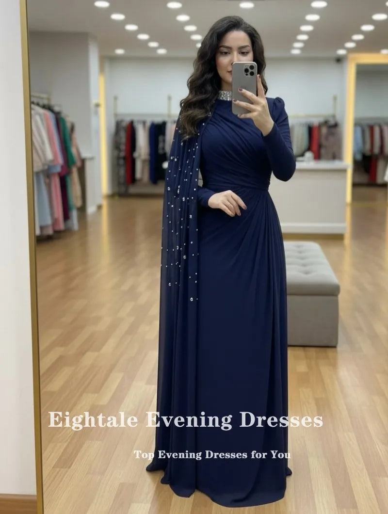 Eightale Arabic Evening Dresses for Wedding Party High Neck Customized Chiffon Pleats Beaded Long Sleeves Muslim Prom Gownsc