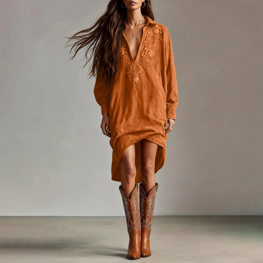Dresses Womens Shirt Dress Terracotta Suede Embroidered High-Low Puff-Sleeve Bohemian Stylish Outfit Daily 2026 Trendy Vestido