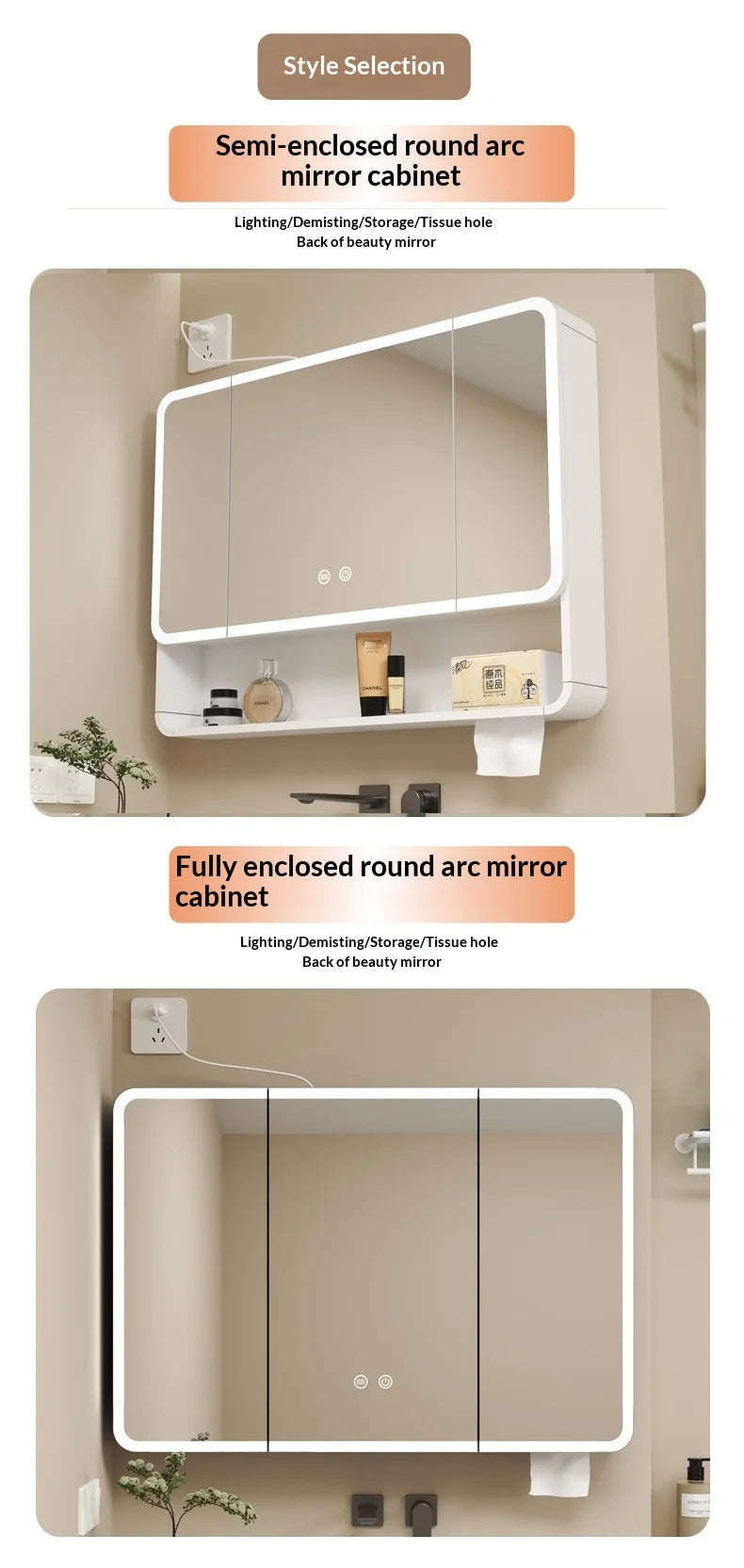 Bathroom Mirror Led Light Wall Mounted Carbon Fiber Curved Rounded Corner Smart Storage Mirror Cabinet Home Furniture Homehold