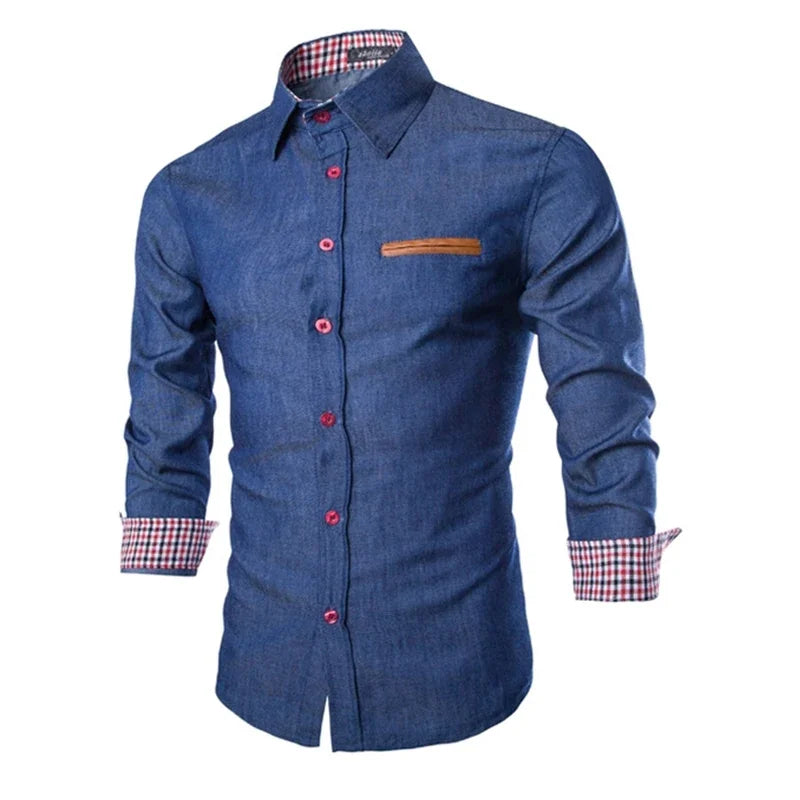 Mens Denim Shirts 2025 Long Sleeve Men Dress Shirt Fashion Slim Fit Style Navy Blue Jeans Male Shirt Longsleeve Shirt for Men