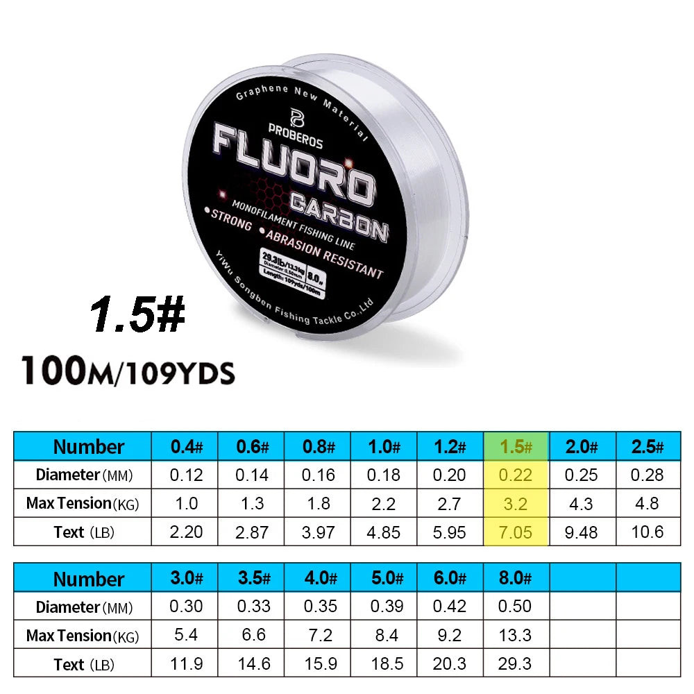 PROBEROS 100M Fluorocarbon Coating Fishing Line 2.2LB-29.3LB Carbon Fiber Monofilament Leader Line Carp Fishing Sinking Line