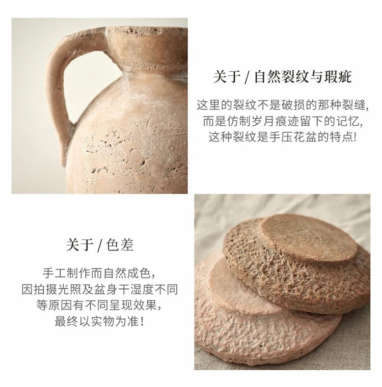 Retro Gardening Small Flowerpot Home Decoration Handmade Ceramic Terracotta Pot Hammered Basin with Tray Succulent Planting
