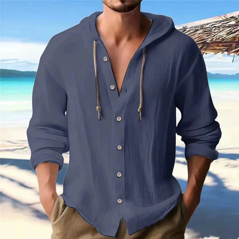 Men's Solid Linen Long Sleeve Hooded Shirt Casual Streetwear Button Top Loose Fit Cardigan Clothing for Men