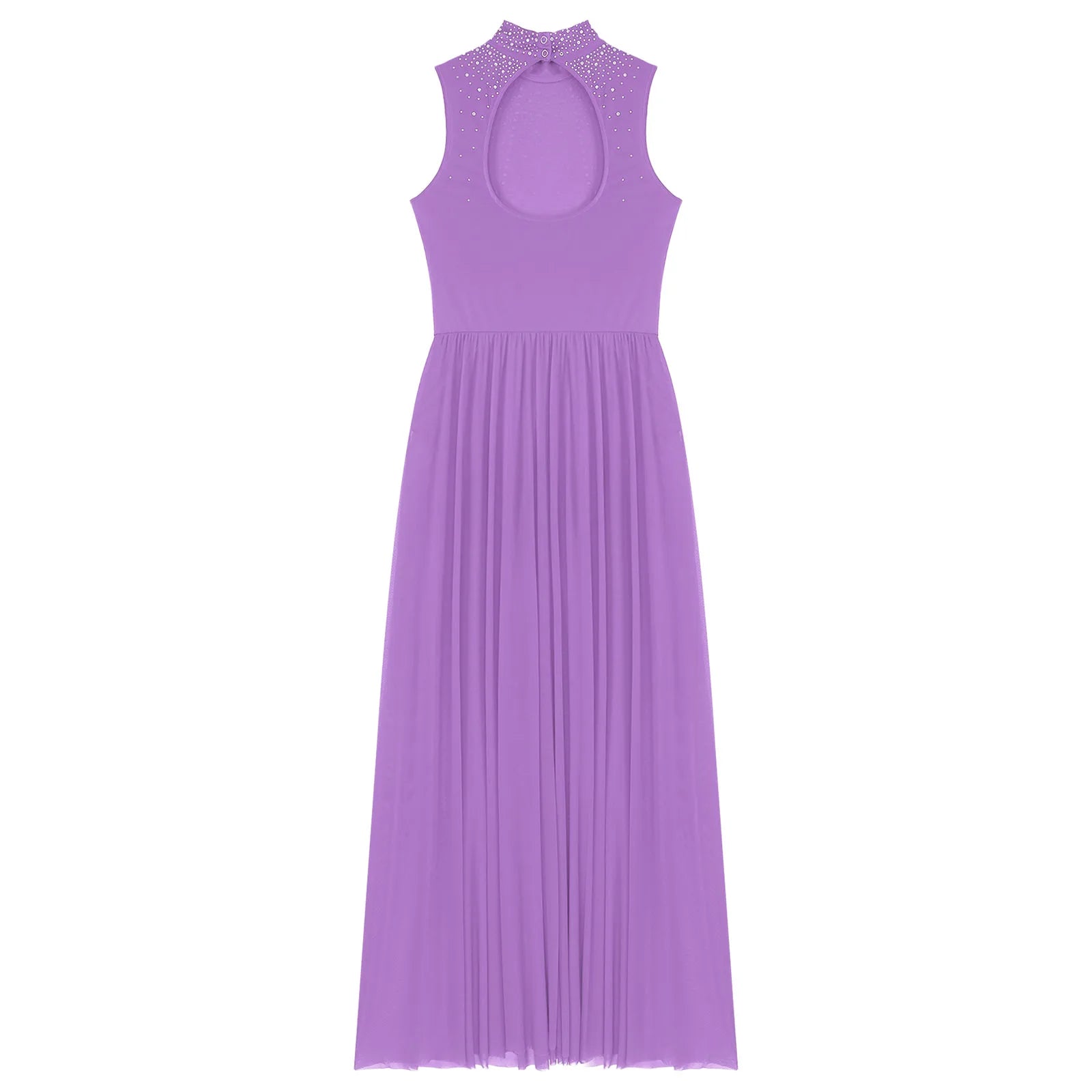 Womens Lyrical Dance Dresses Mock Neck Wide Hemline Shiny Rhinestones Maxi Dress Sleeveless Modern Contemporary Leotard Dresses