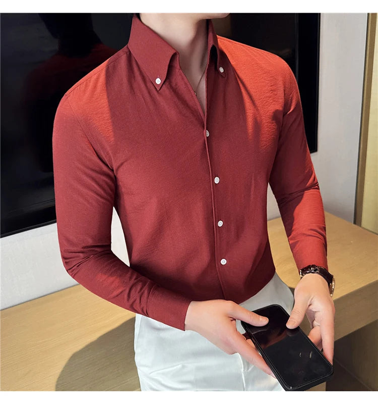 Long Sleeves Shirts for Men Light Thin Fashion Fold Process Wine Red Solid Casual Shirt Men Social Dress Shirt Slim Fit Tuxedo