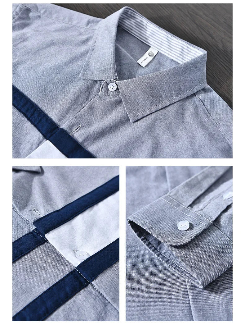 Japanese Fashion Mens Long Sleeve Shirts Spring Summer Daily Casual Pure Cotton Shirt Oxford Striped Patchwork Shirt Youth Tops