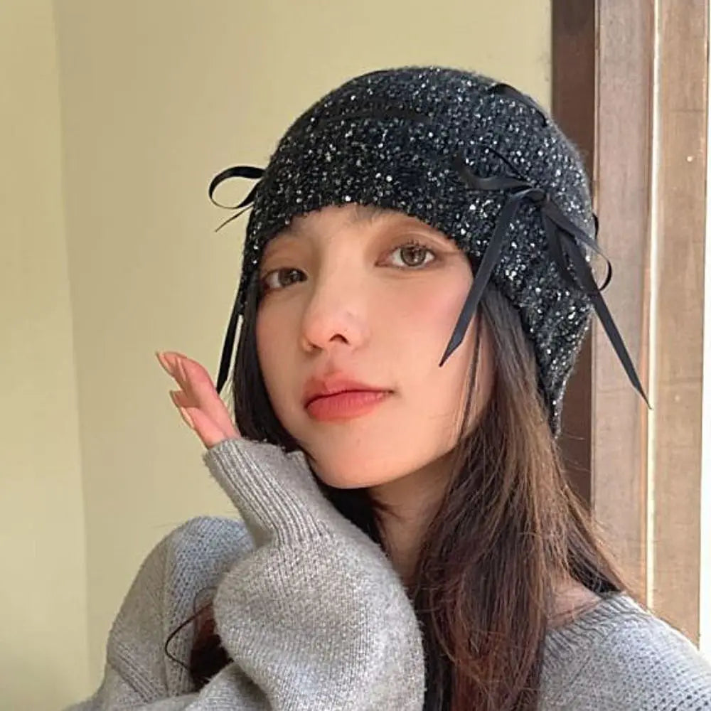 Cute Bow Bowknot Beanies Hat Warm Cap Black Sequin Knitted Hat Beanies Jennie Style Knit Cap Autumn