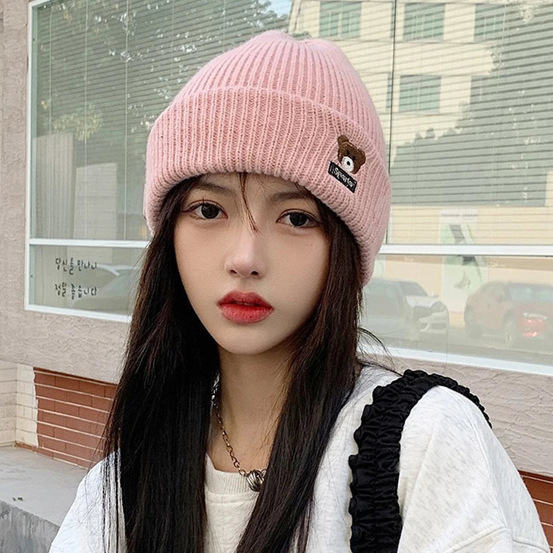 Bear Embroidery Knitted Beanies  Women Autumn Winter Warm Wool Hat Korean Girl Windproof Earmuffs Pullover Cap Bonnet〔CC55〕