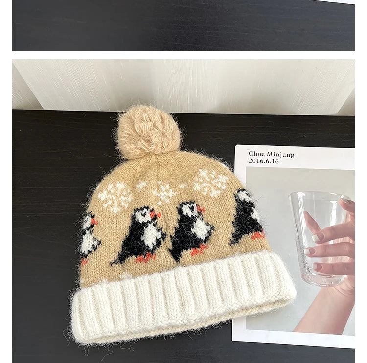 Cute Cartoon Jacquard Knitted Beanies for Women Winter Warm Ear Protection Versatile Show Face Small Retro Pom-pom Pullover Hat