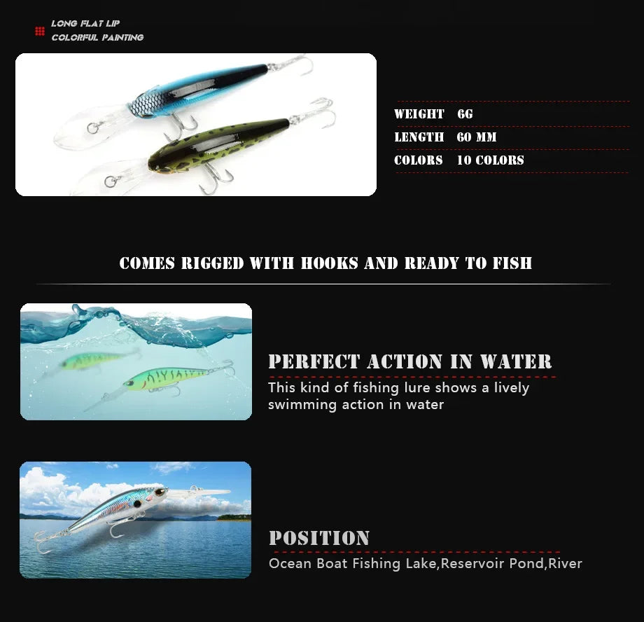 Fishing Lure Long Lip Minnow Wobbler Lure 6cm 6g Deep Diving Floating Jerkbait Swimbait Artificial Hard Bait Trout Bass Bait