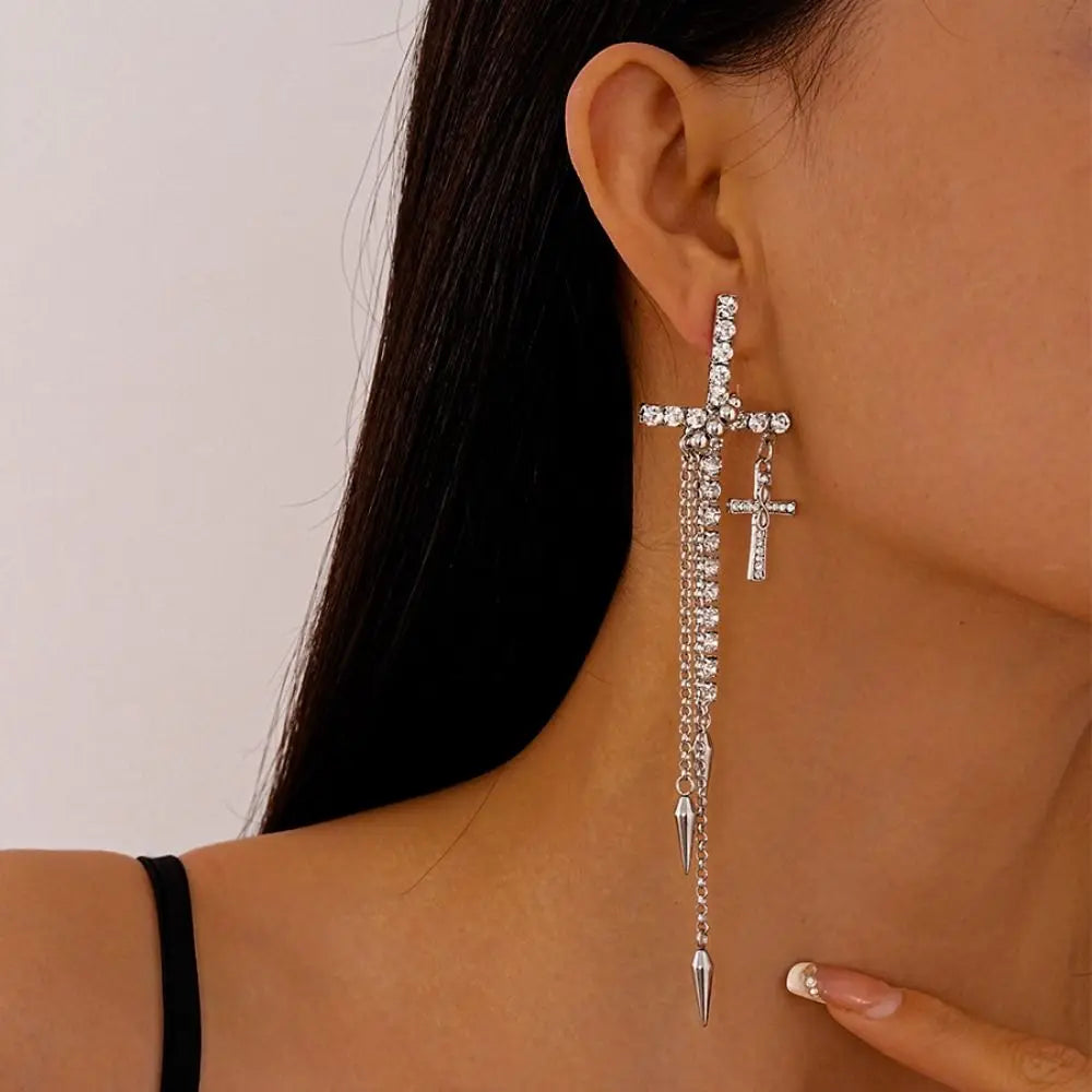 Inlaid Rhinestones Cross Earrings Exquisite Fashion Long Tassels Dangle Earrings Exaggerate Temperament Ear Stud Bridal