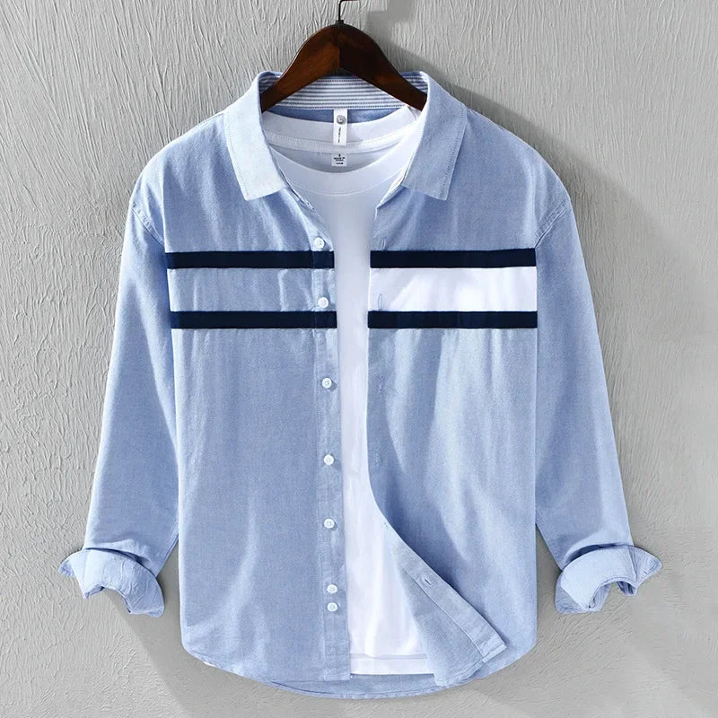 Japanese Fashion Mens Long Sleeve Shirts Spring Summer Daily Casual Pure Cotton Shirt Oxford Striped Patchwork Shirt Youth Tops