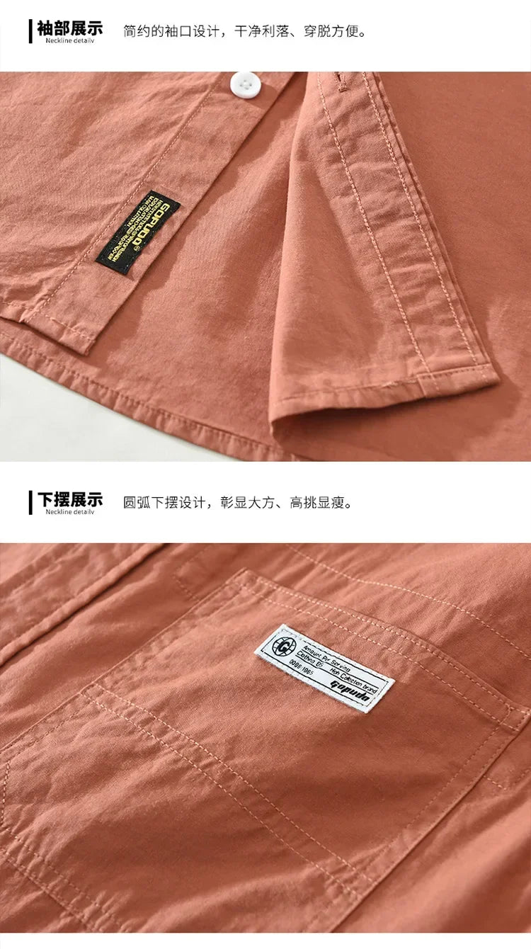 Japanese Fresh Mens Long Sleeve Shirts Spring Summer Daily Casual Man Shirts Lapel Pocket Yellow Shirt Pure Cotton Top Simple