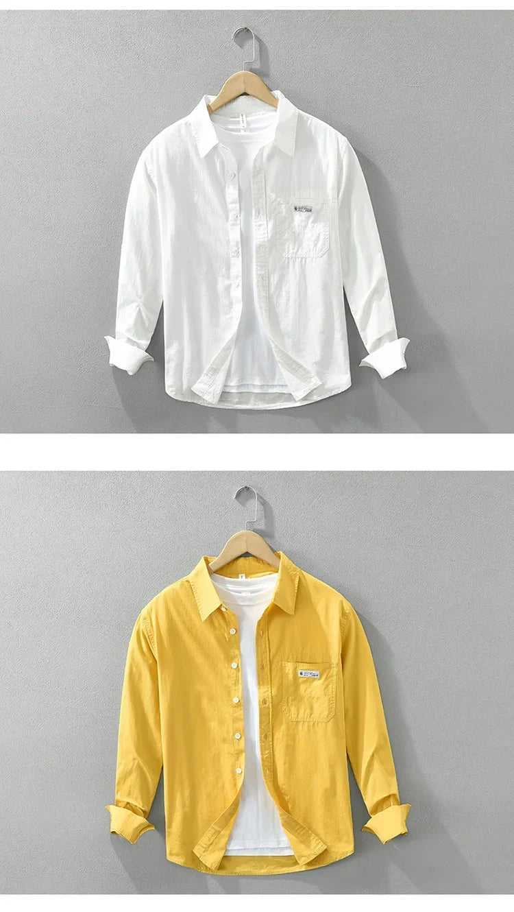 Japanese Fresh Mens Long Sleeve Shirts Spring Summer Daily Casual Man Shirts Lapel Pocket Yellow Shirt Pure Cotton Top Simple