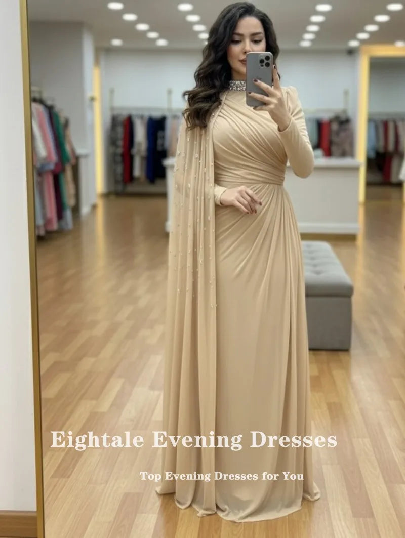 Eightale Arabic Evening Dresses for Wedding Party High Neck Customized Chiffon Pleats Beaded Long Sleeves Muslim Prom Gownsc