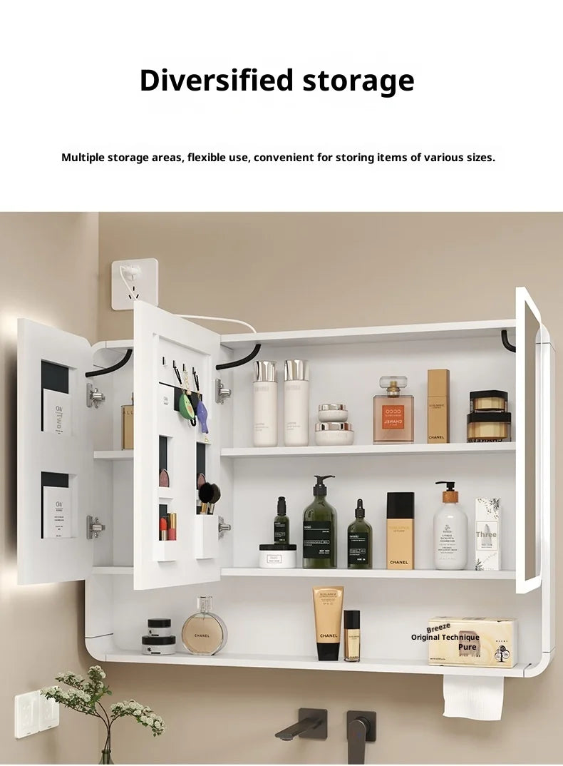 Bathroom Mirror Led Light Wall Mounted Carbon Fiber Curved Rounded Corner Smart Storage Mirror Cabinet Home Furniture Homehold