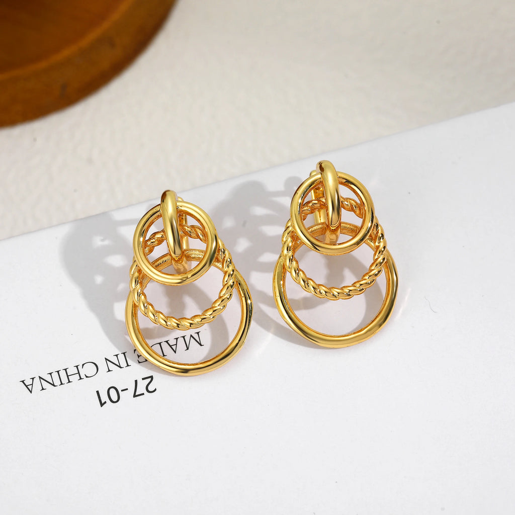 Fashionable Exaggerated Twisted Striped Earrings for Women 18K Metal Three Circular Stainless Steel Charming Jewelry Gift