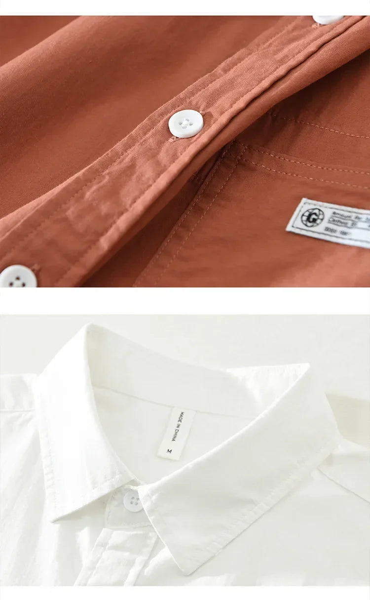 Japanese Fresh Mens Long Sleeve Shirts Spring Summer Daily Casual Man Shirts Lapel Pocket Yellow Shirt Pure Cotton Top Simple