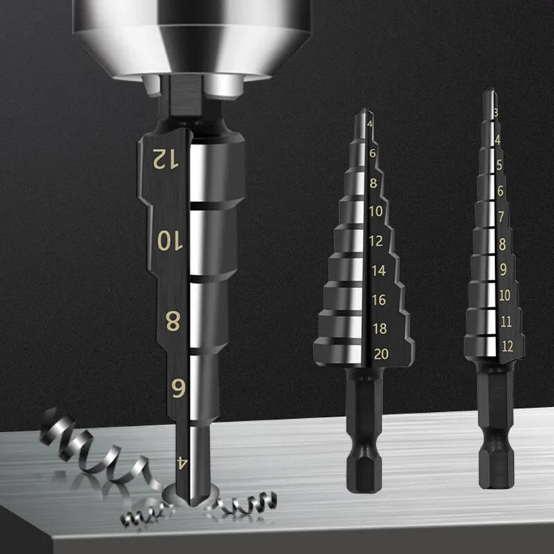 3Pcs HSS Straight Groove Step Drill Bit 3-12mm 4-12mm 4-20mm Nitride Black Hex Wood Metal Hole Cutter Core Drilling Tools Set