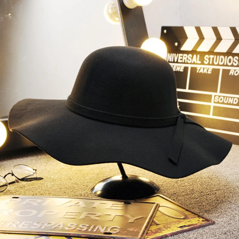 British Style Felt Hats for Women, Big BrimTop Hat, Flat Brim, White Cap for Lady, Autumn and Winter