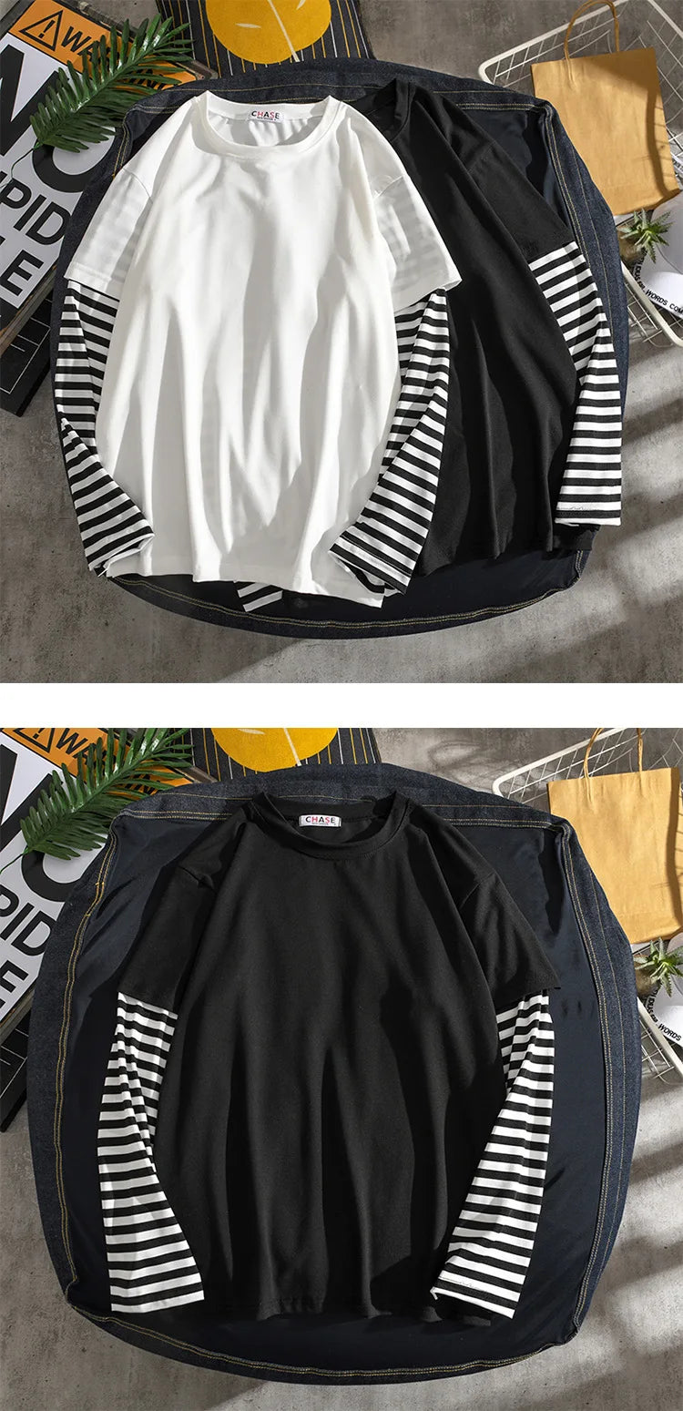 Long Sleeves Shirt Men's Loose Undershirts Striped Patchwork Sweatshirt O Neck Pullover Mens Casual Tops Harajuku Streetwear