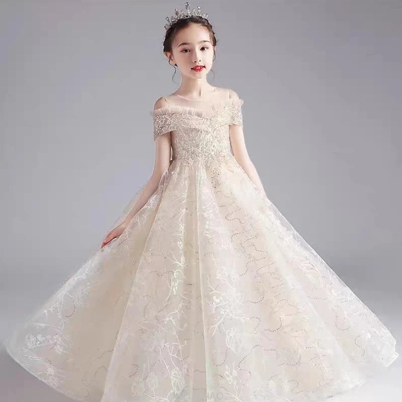 Long Dress 2025 Flower Girl Wedding Dresses Vestido Princess Gown Costume Kids Host Piano Outfits Children Girls Birthday Party
