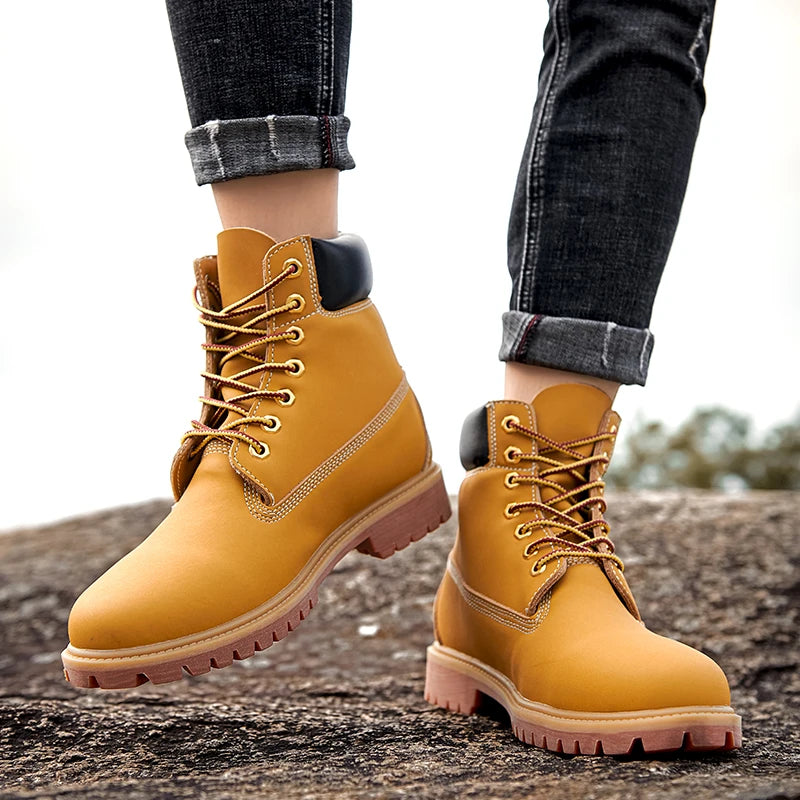 Boots Men High Top Boots Men's Leather Shoes Winter Fashion Shoes Outdoor Sneakers Lace Up Non-Slip Ankle Boots Male