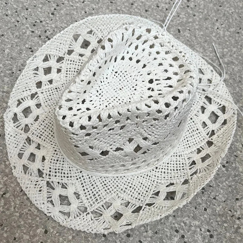 Fashionable new Bohemian straw western cowboy hat for women, classic retro hollow unisex curly wide-brimmed sun hat for men, fis
