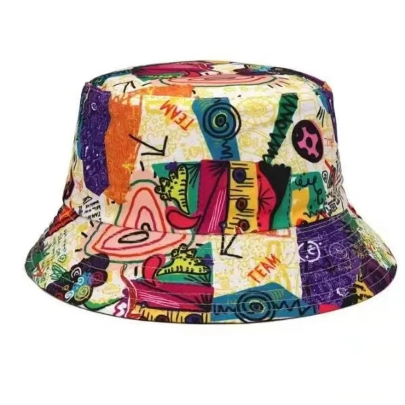 Double sided Outdoor Sun Hat Hip-Hop Cap Fishing Fisherman Graffiti Hat Men Women Animal Letter Print Panama Bucket Hats