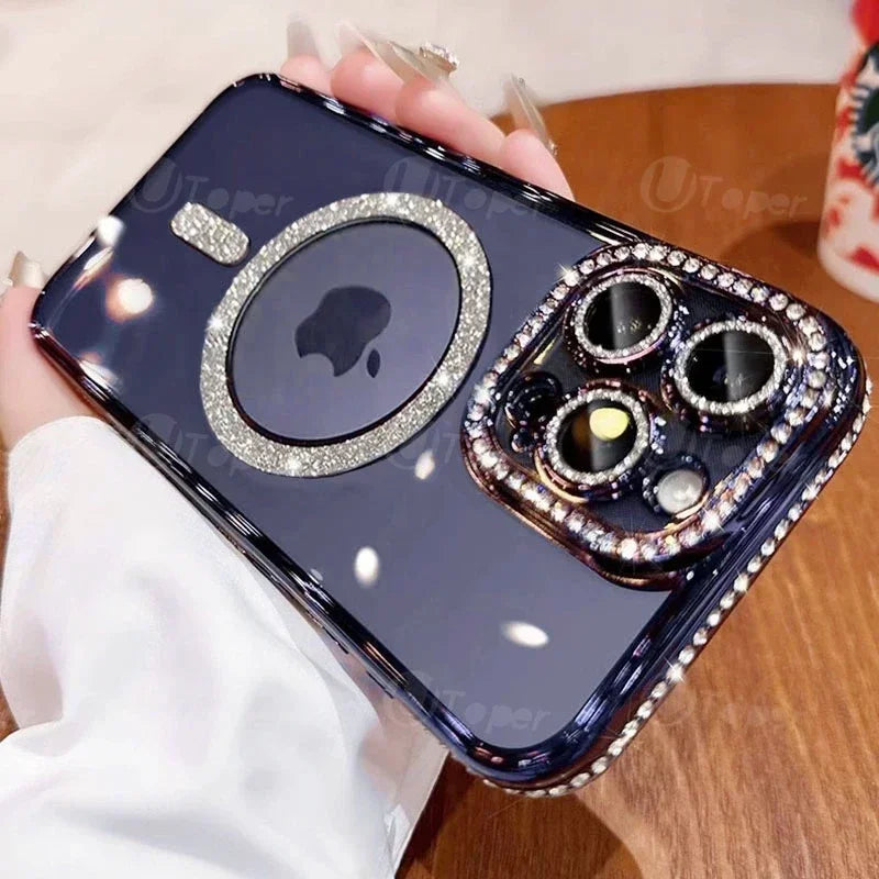 Fashion Girl Pink Crystal Glitter Transparent Magnetic Case For iPhone 16 15 11 12 13 14 Pro Max Wireless Charging Diamond Cover