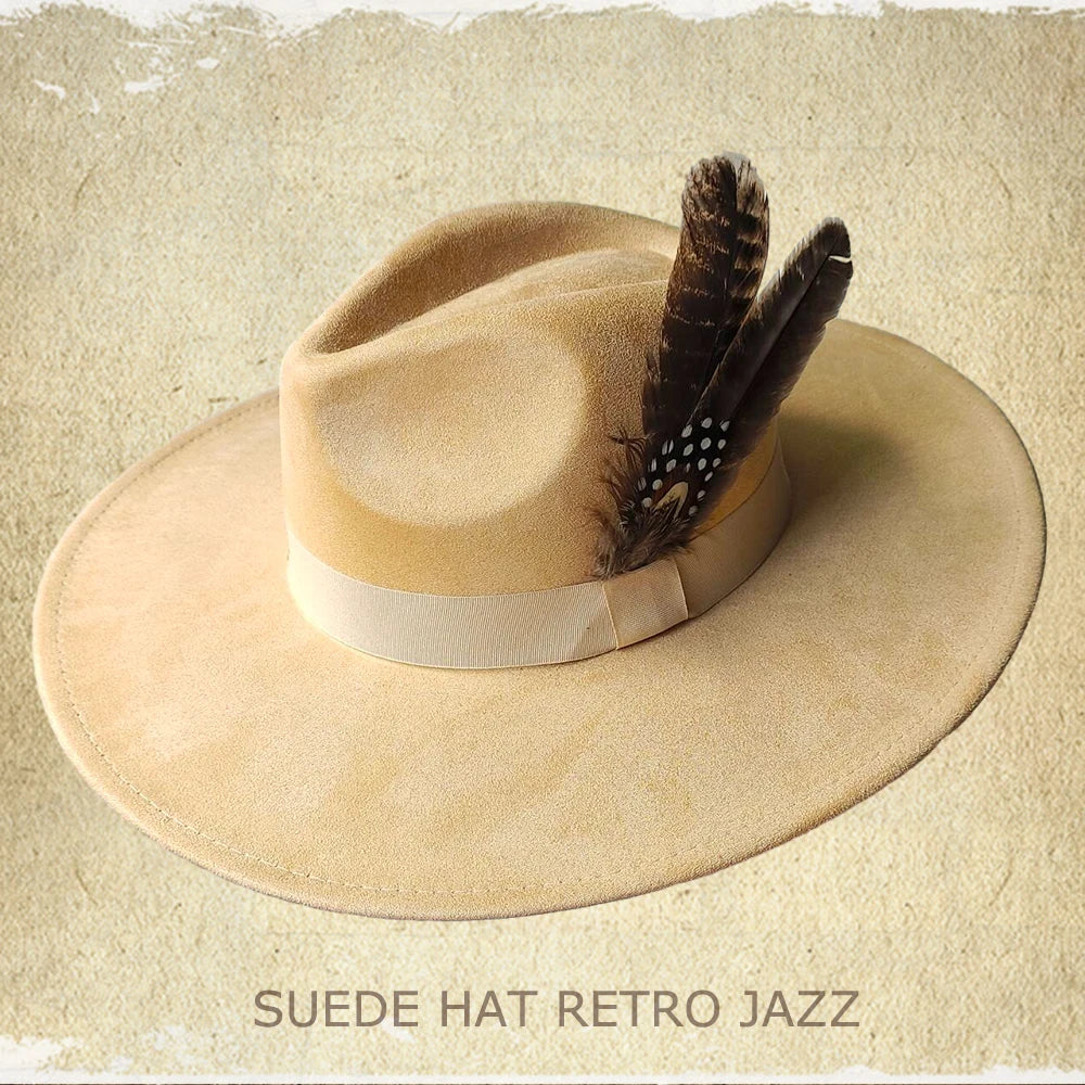 Retro Men's Suede Hats Wide Brim Feather Felt Fedoras Women's Hats Church Jazz Hats Panama Cowboy Hats Wholesale sombrero hombre