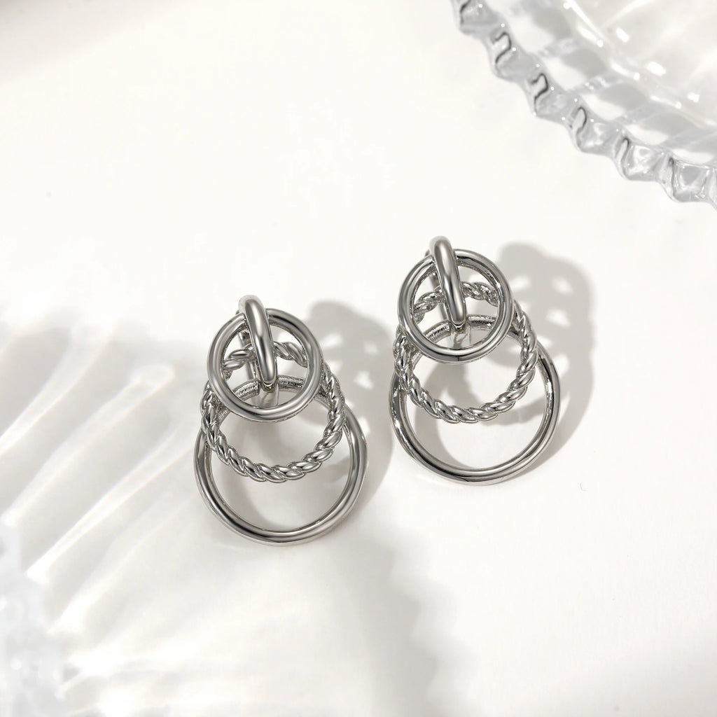 Fashionable Exaggerated Twisted Striped Earrings for Women 18K Metal Three Circular Stainless Steel Charming Jewelry Gift